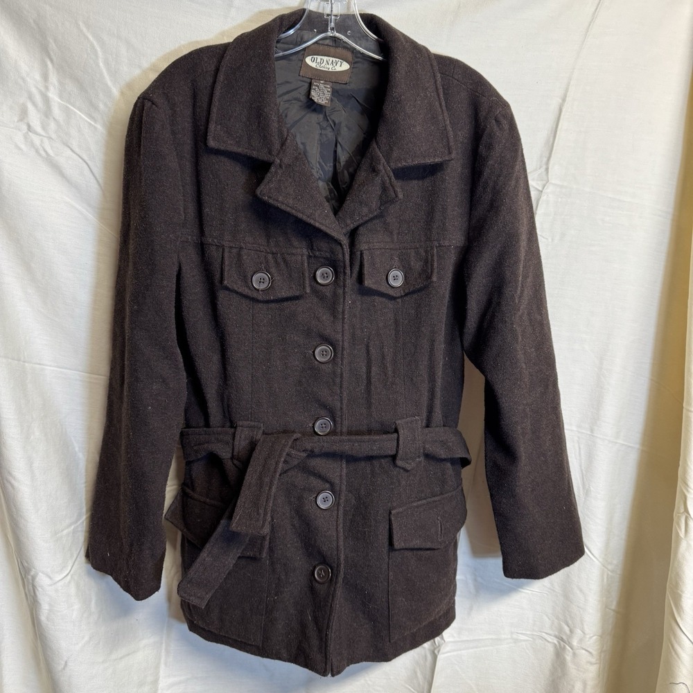 Vintage Old Navy Brown Wool Belted Pea Coat Large Y2K